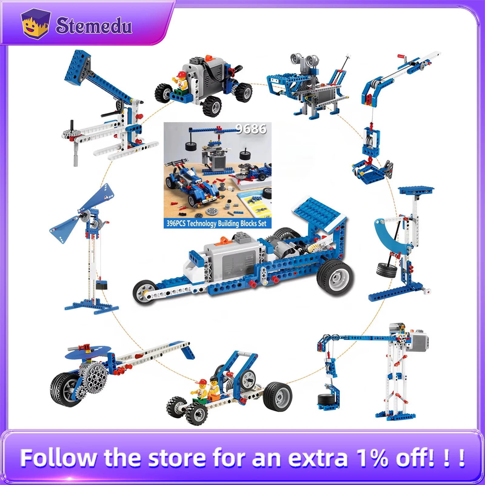 Kit di Costruzioni Tecniche MOC da 396 Pezzi con Funzioni Elettriche, Giocattolo Educativo STEM per il Modello 9686