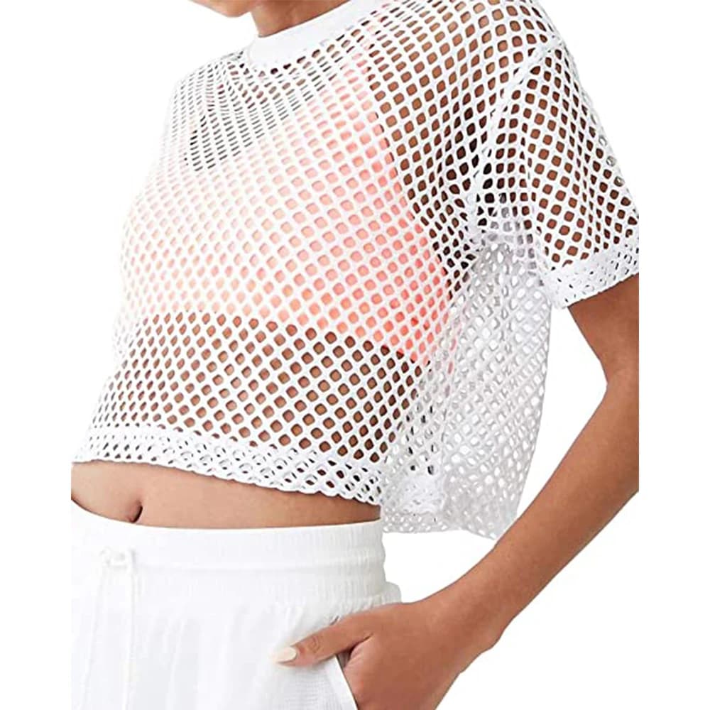 T-Shirt Crop top trasparente a rete da donna Sexy T-Shirt estiva Casual manica corta O collo Solid Black White T Shirt abbigliamento femminile