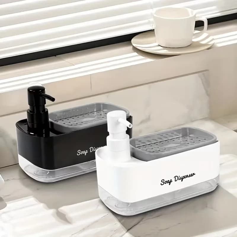 Dispenser di Sapone a Doppia Pompa Efficiente per la Pulizia della Cucina con Porta Spugna Integrato, Set 3 in 1 da Appoggio per l'Organizzazione del Lavello
