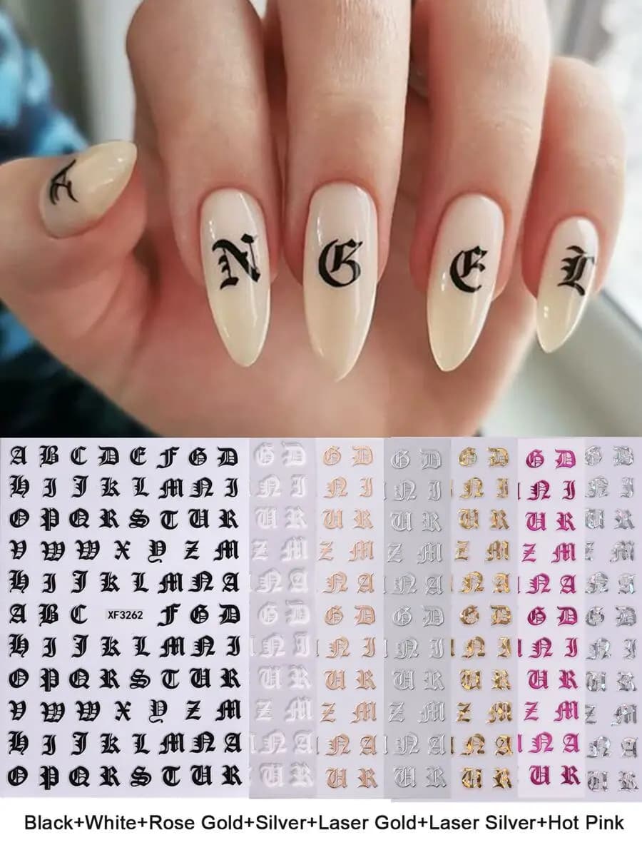 4 pezzi/set adesivi per nail art con lettere inglesi, bianco, nero, oro, argento, decorazioni per unghie 3D fai da te, accessori per unghie Na