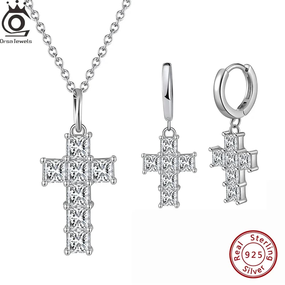 ORSA JEWELS Collana con ciondolo a croce in argento sterling 925 con zirconi intarsiati, catena a clavicola, set di gioielli con zirconi bianchi, per matrimoni e feste LZN12
