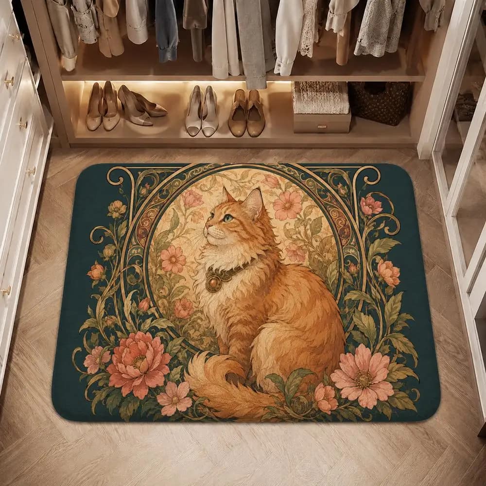 Gilded Feline Garden Floor Mat Flannel Rug Non Slip Absorbent Soft Washable for Entryway Hallway Bathroom Kitchen Decor