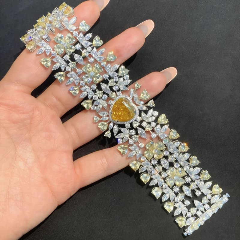 Bracciale Anello Bellux S925 in Argento con Diamante Giallo Sintetico a Cuore, Gioiello di Lusso Leggero, Doppio Uso, alla Moda