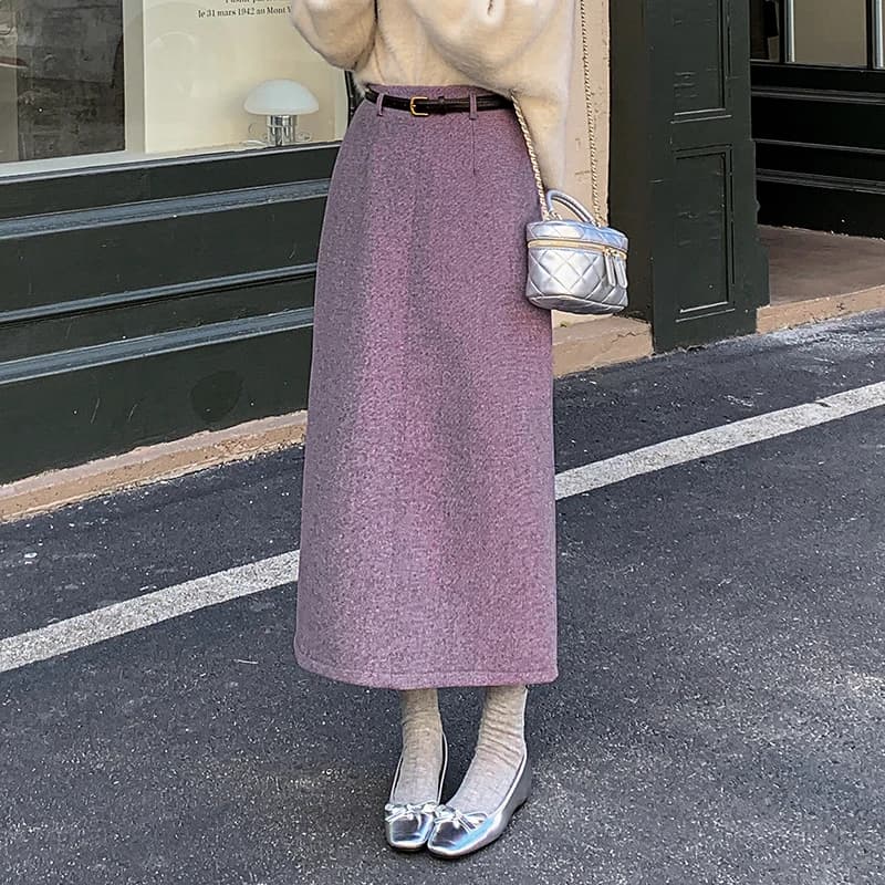 2025 Long Winter skirts Women's Vintage Straight Hot Long Wool skirt Woman High waist belt Office skirt divided Black Grey Purple