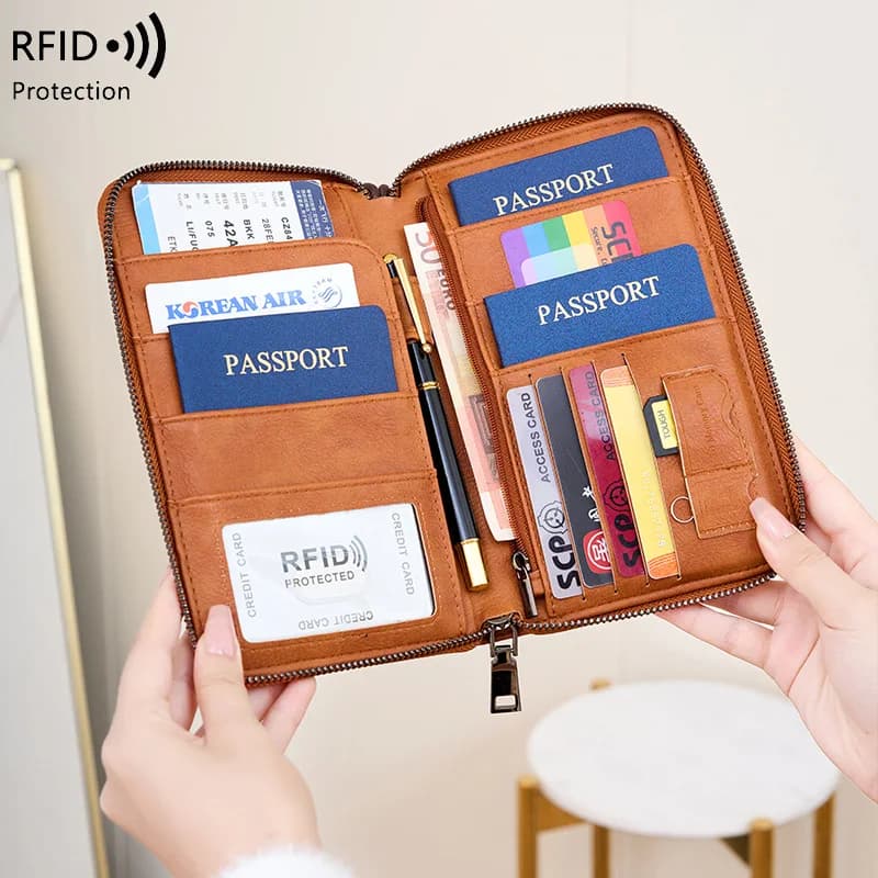 Portafoglio lungo RFID anti-magnetico 2026, tinta unita, con cerniera, porta passaporto, porta carte, porta biglietti, multifunzionale