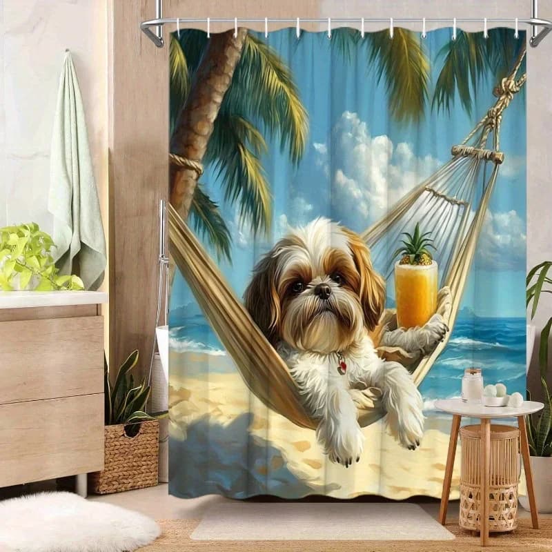 1 tenda da doccia per cani Shih Tzu - bianca e marrone, amaca sulla spiaggia tropicale, palme e oceano, 70,8x70,8", poliestere, lavabile