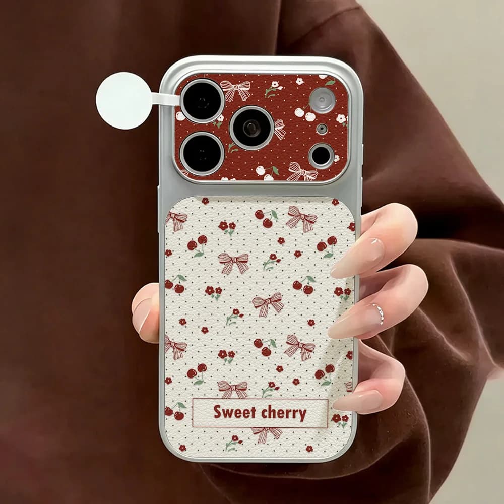 Sweet Cherry Bow Leather Phone Case For iPhone 12 14 17 Pro Max Cases 13 16 11 15 Pro Max Cute Soft Shockproof Protective Cover