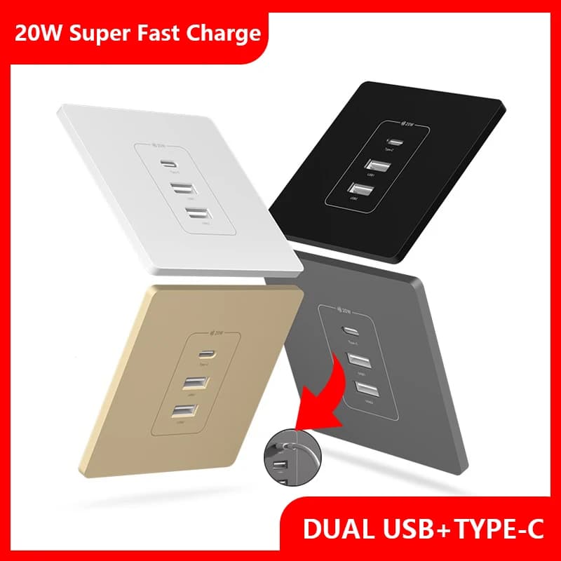 Universal 20W Super Fast Smart Charge Type C USB Wall Grip Glass Power Supply, Dual USB Quick Recharge Adapter