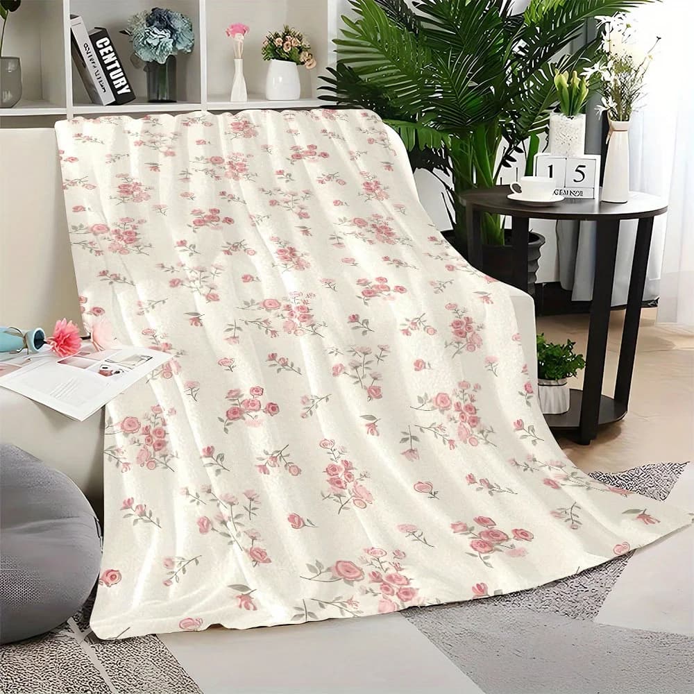 Lussuosa coperta stampata in flanella floreale rosa vintage - Morbida e calda per pisolino, divano, ufficio, letto, viaggi in campeggio - Regalo