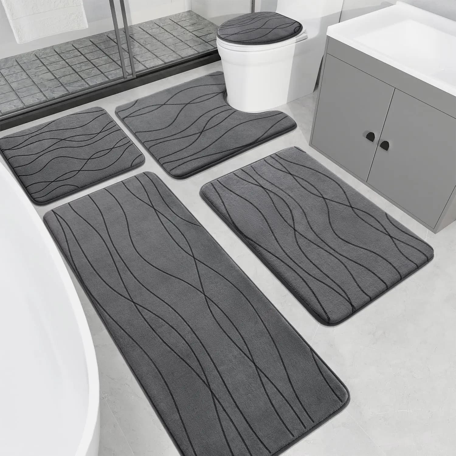 Set di Tappetini da Bagno Ultra Assorbenti Antiscivolo, 5 Pezzi in Memory Foam Grigio Scuro per Bagno, Lavabili in Lavatrice e ad Asciugatura Rapida