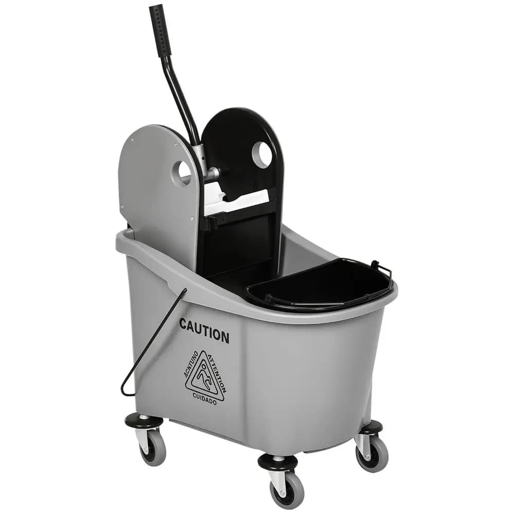 Carrello portascopa a 4 ruote con doppio secchio, strizzatore e porta-mop, grigio