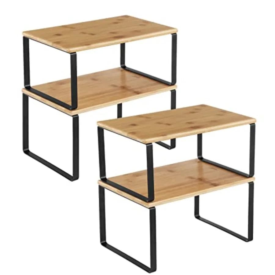 Set di 4 Ripiani Organizzatori per Armadietti, Scaffali da Cucina, Porta Spezie Impilabile ed Espandibile in Metallo e Legno Ingegnerizzato