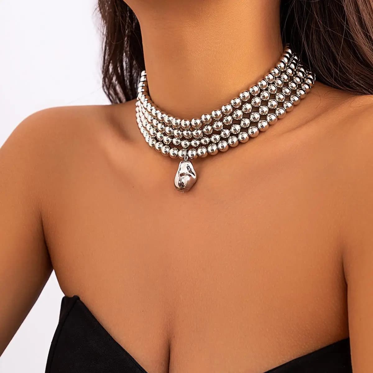Multilayered Punk Necklace With Beads, Women's Chain Necklace, Transfrontal Jewelry, Simple Bracelet with Round Pearls