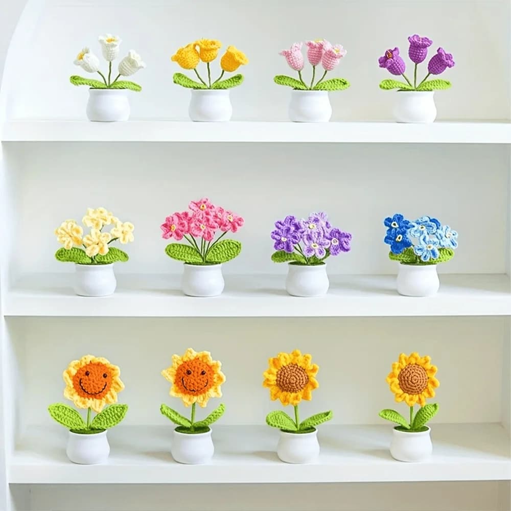 Boutique tessuto fatto a mano a 3 teste giglio della valle decorazione della casa in vaso, maglia simulazione fiore filato gancio tessuto giglio del