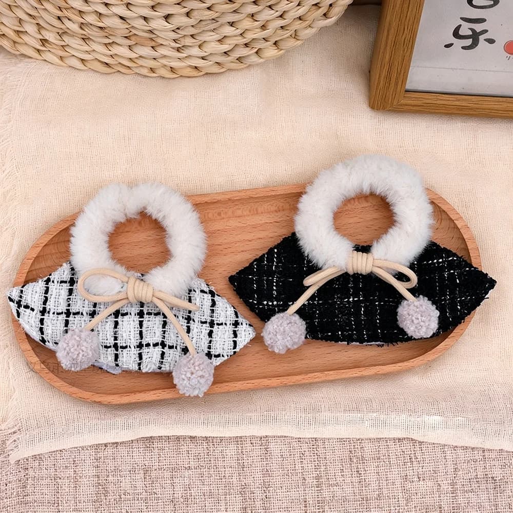 Mini Plush Furry Collar Plaid Doll Cloak With Double Pom Poms Winter Shawl Outfit Accessories For 10-17cm Cotton Stuffed Doll