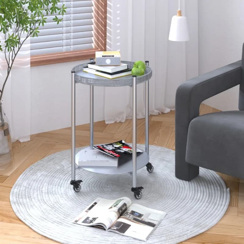 Mobile Side Table with Wheels 2 Tier Round End Table for Living Room Bedroom Sofa Snack Laptop Storage Cart
