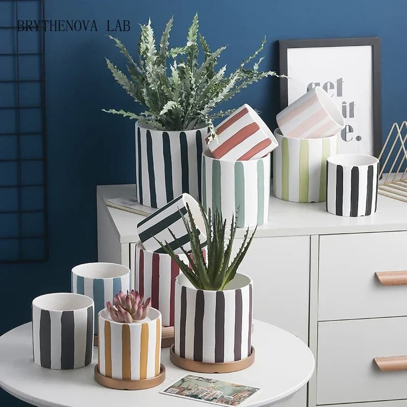 1pc New Ceramic Hand-painted Flower Pot with Gold Tray Succulent Pot Plant Indoor Flower with Hole in the Bottom