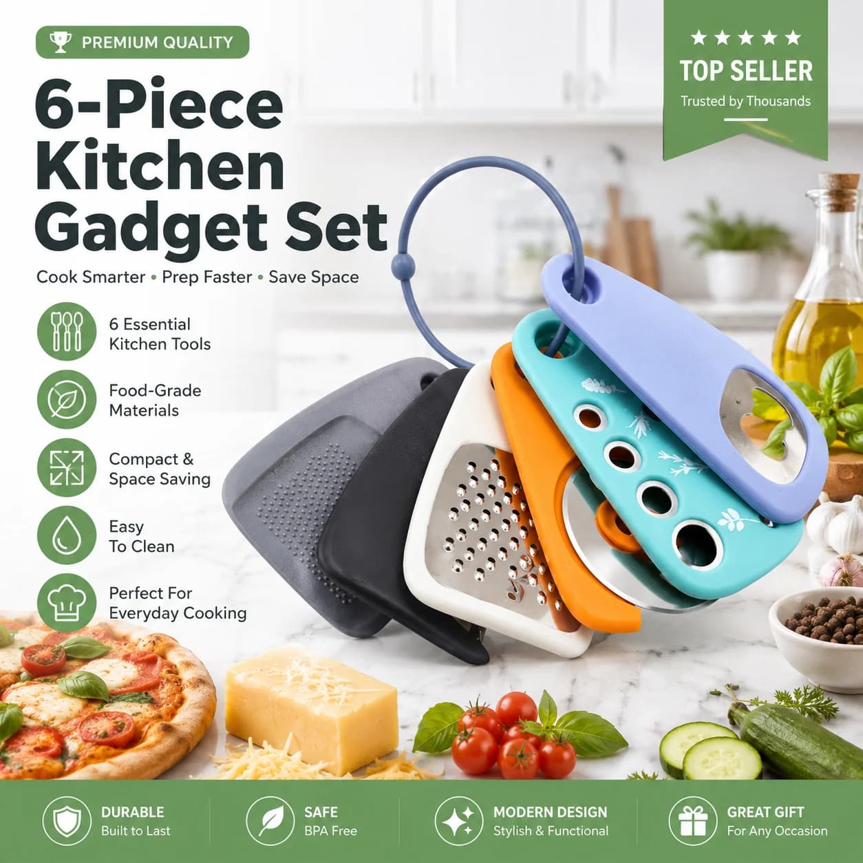 6-Piece Kitchen Gadget Set Vegetable Peeler Garlic Grater Cheese Grater Pizza Cutter Bottle Opener Multifunction Kitchen Tools