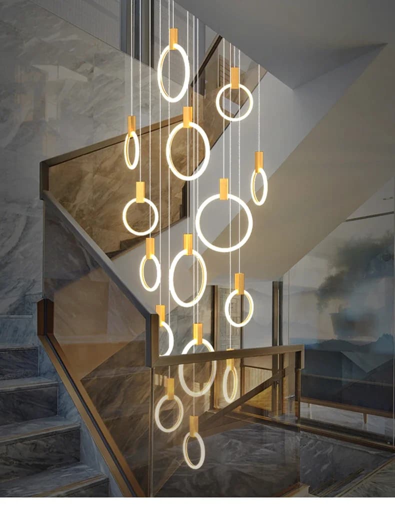 Lampadario moderno per scale a LED Illuminazione domestica Lampadario a soffitto per soggiorno nordico Camera da letto Lampadario decorativo ad anello in acrilico