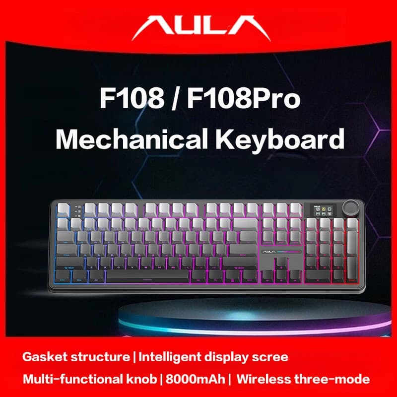 AULA F108Pro/F108 Wireless Bluetooth tri-mode connection, multi-functional display, Gasket structure, RGB lighting effects