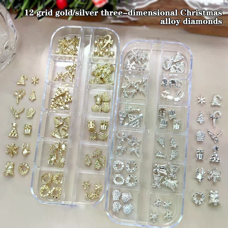 48 pieces/box christmas decorations for nail art with pretty nail accessories with reindeer, snowflakes and bells