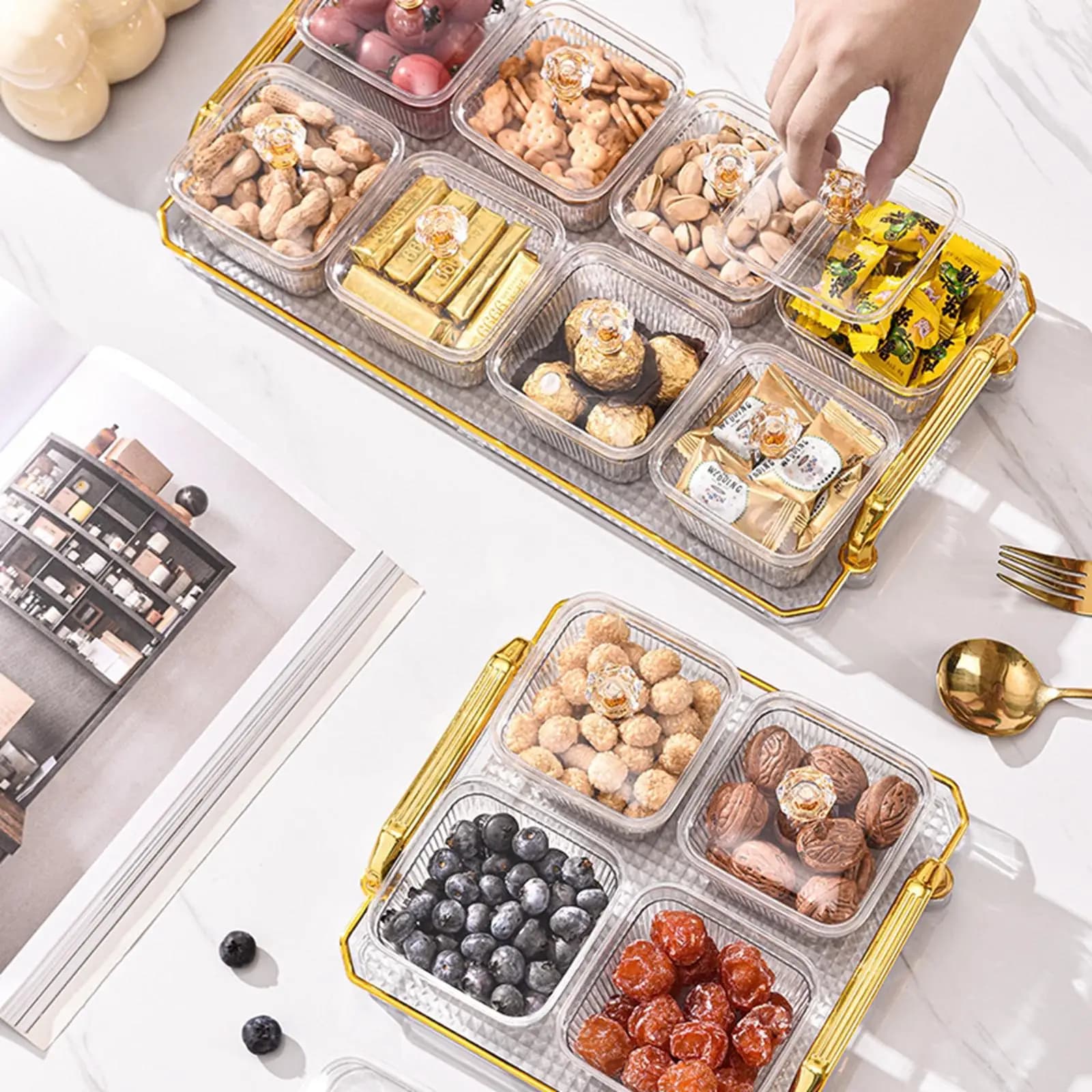 Dried Fruit Plate Nuts Tray with Tray and Handle Divided Serving Tray with Lids for Wedding Party Holiday Dining Room Seasoning