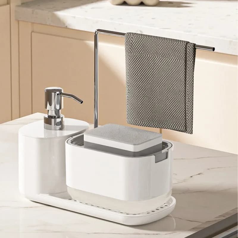 Set di dispenser di sapone da cucina 4 in 1 con portasapone per piatti Dispenser di sapone per piatti e mani Organizzatore di stoccaggio da cucina Dispenser da cucina