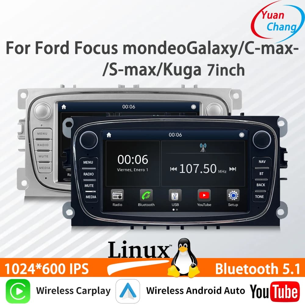 Autoradio Linux 7 Pollici con CarPlay Wireless, Android Auto, FM, DSP, Bluetooth per Ford Focus, Mondeo, Galaxy, C-Max, S-Max, Kuga