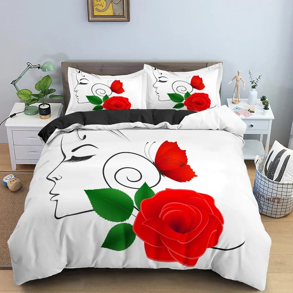 Donna Linee per il viso Schizzo Copripiumino King Queen Ritratto femminile Set di biancheria da letto rosa Tratti semplici Copripiumino in poliestere con fiori