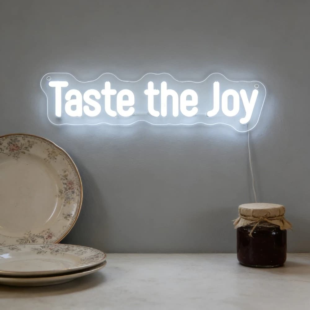 Insegna LED 'Taste the Joy' per Casa, Cucina, Bar, Caffè, Illuminazione Decorativa, Atmosfera Accogliente, Arte da Parete, Regalo, Decorazione Ispirazionale e Gioiosa