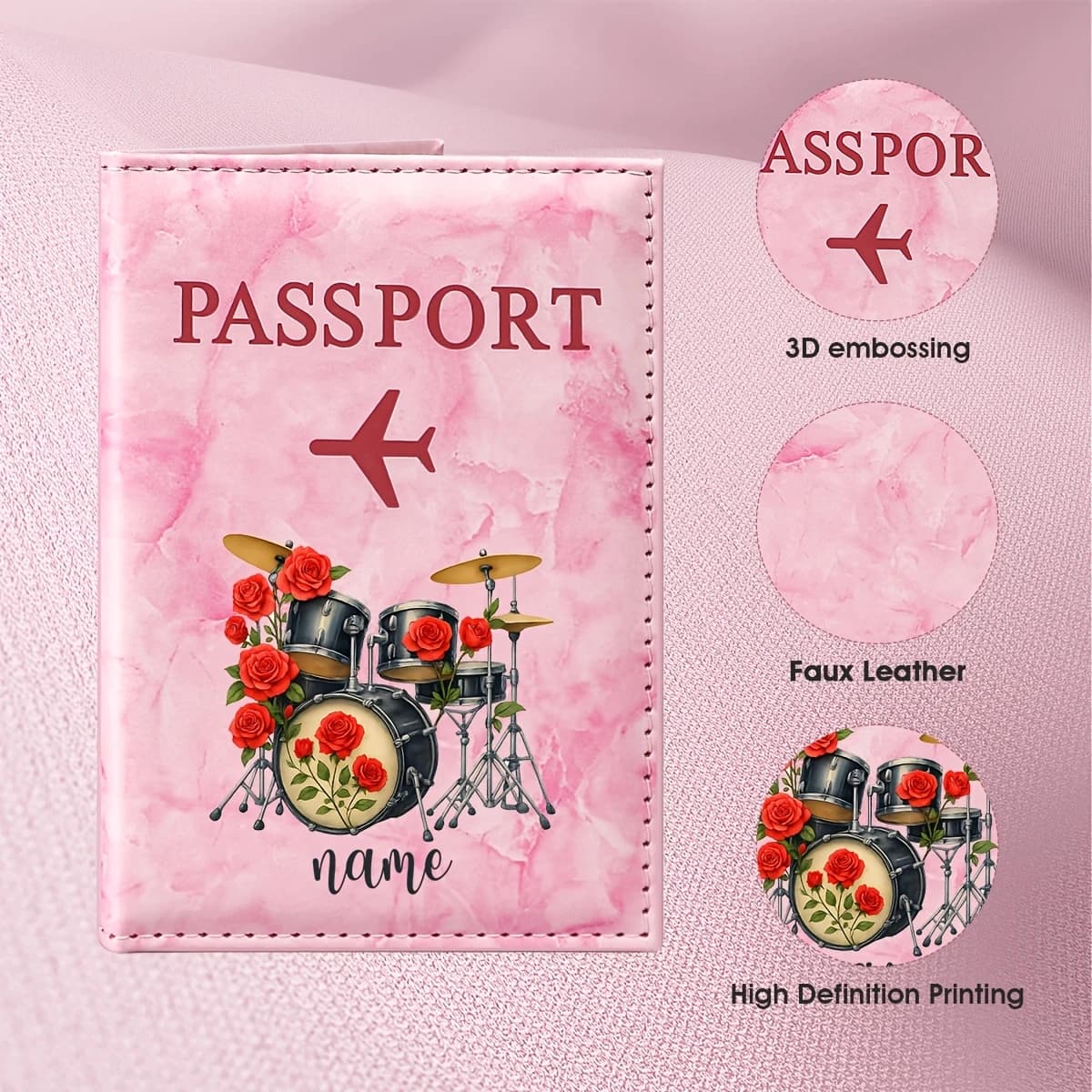 Custom Personalized Name Red Rose Drum Set Art Pattern PU Passport Holder, Blending Rock Elements with Romantic Floral Design.