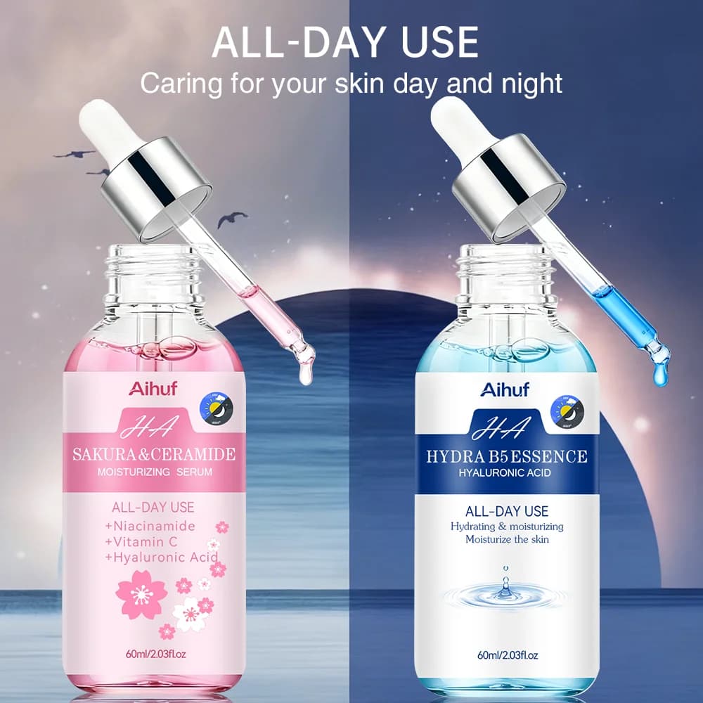 AIHUF Set Essence Ceramide B5 Sakura 2pz, Hydrating and Shaping, Skin Care with Vitamin C and Triple Hyaluronic Acid for Men and Women, Face and Collo