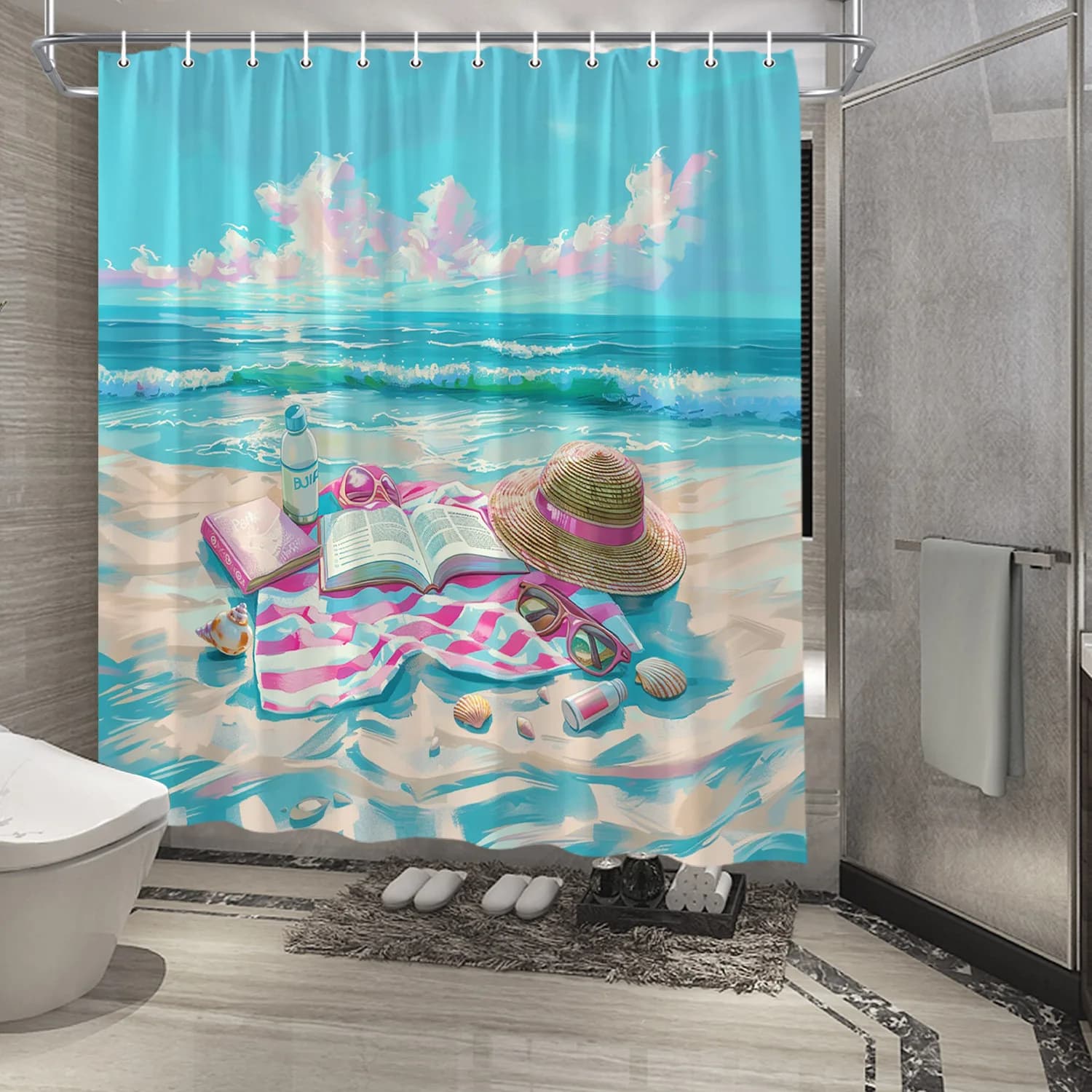 Tenda da doccia con scena sulla spiaggia: impermeabile, resistente al muffa con rilassante vista sull'oceano per l'arredamento del bagno di ispirazione estiva