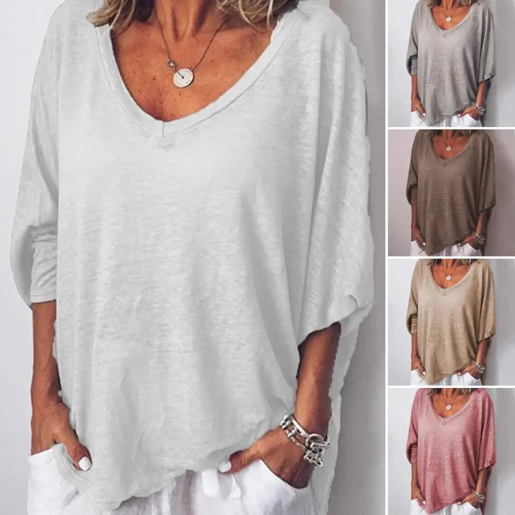 Fashionable women's sleeves strong sizes, deep V-neck shirts, long sleeve pullovers, wide t-shirts, plain colored blouses