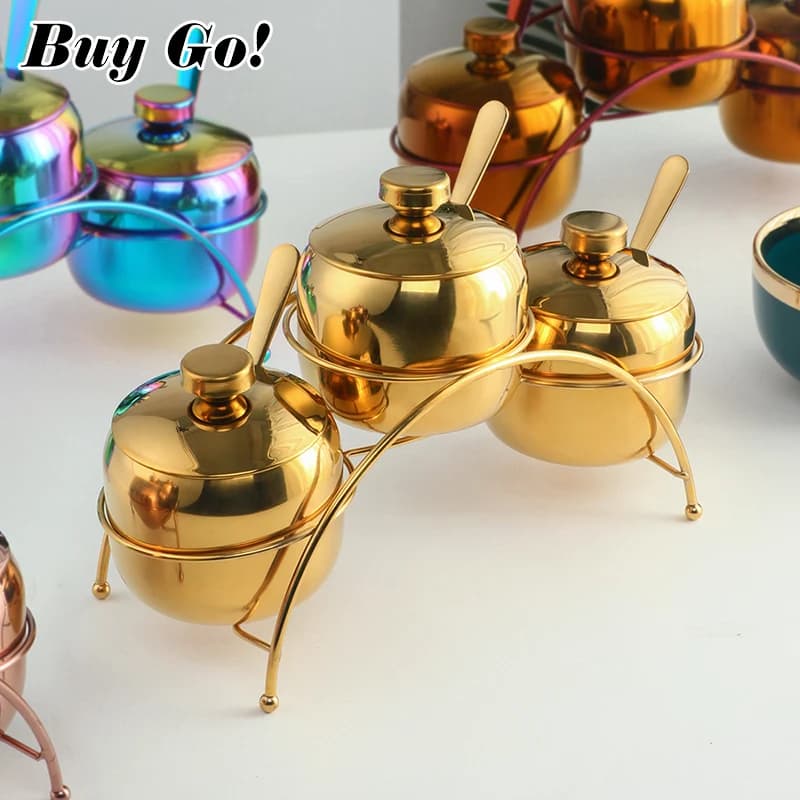 Set di vasi per condimenti per condimenti in oro in acciaio inossidabile 304 Set di spezie, sale, zucchero, barattolo di pepe, con coperchio e portacucchiaio