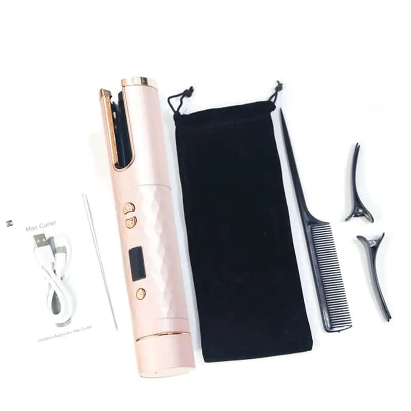 ABGH-Piega Automatic Wireless Hair with LCD Display, Wireless Rotating Tool for Curling Hair, Pink