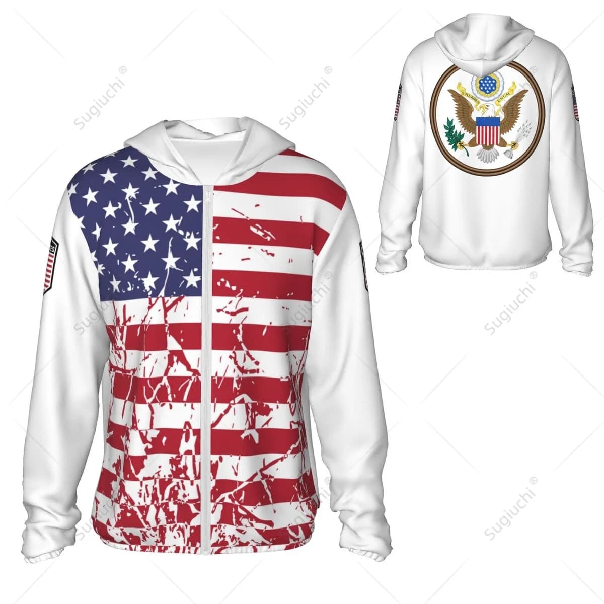 Hoodie Solar Protection Flag USA, Anti-UV Clothing for Fishing Cycling Running, Fast Drying, Long Sleeve with Hinge, Polyester