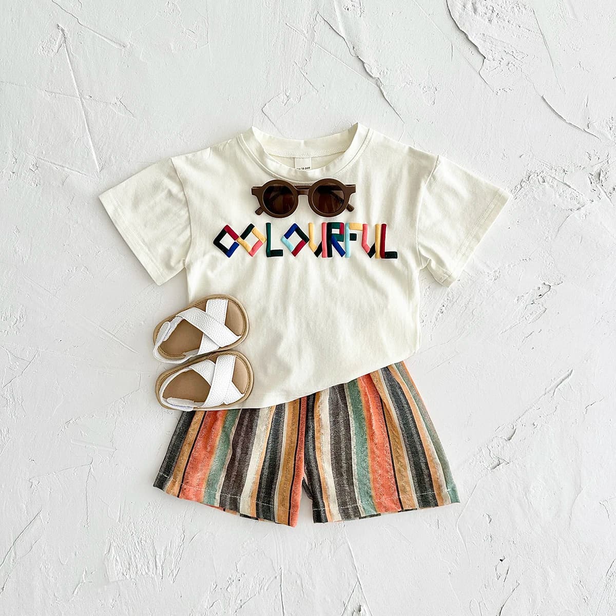 New Summer T-shirt Baby Boys Set Short Sleeves+Shorts Children Vacation Clothes 2PCS Colorful Stripe Letter Casual Girl 0-3Y