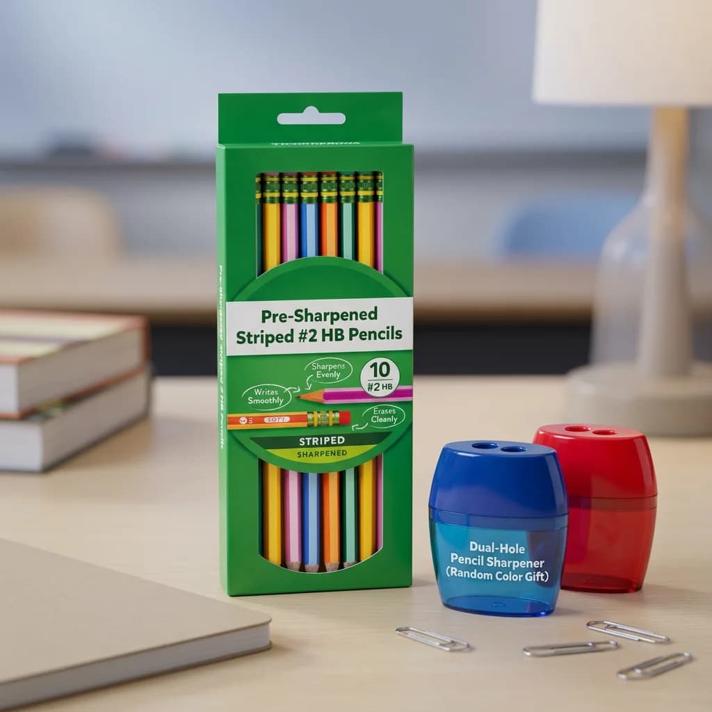 10 Pack Pre‑Sharpened #2 Striped Wood Pencils With Matching Erasers, Smooth Graphite Lead, Back‑to‑School Classroom & Office Supplies, Bonus Random‑Color Dual‑Hole Pencil Sharpener Gift