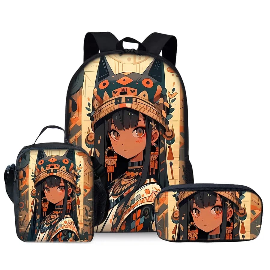 Harajuku Youthful Novelty African girl 3D Printed 3pcs/Set Student Travel bags Laptop Daypack Backpack Lunch Bag Pencil Case