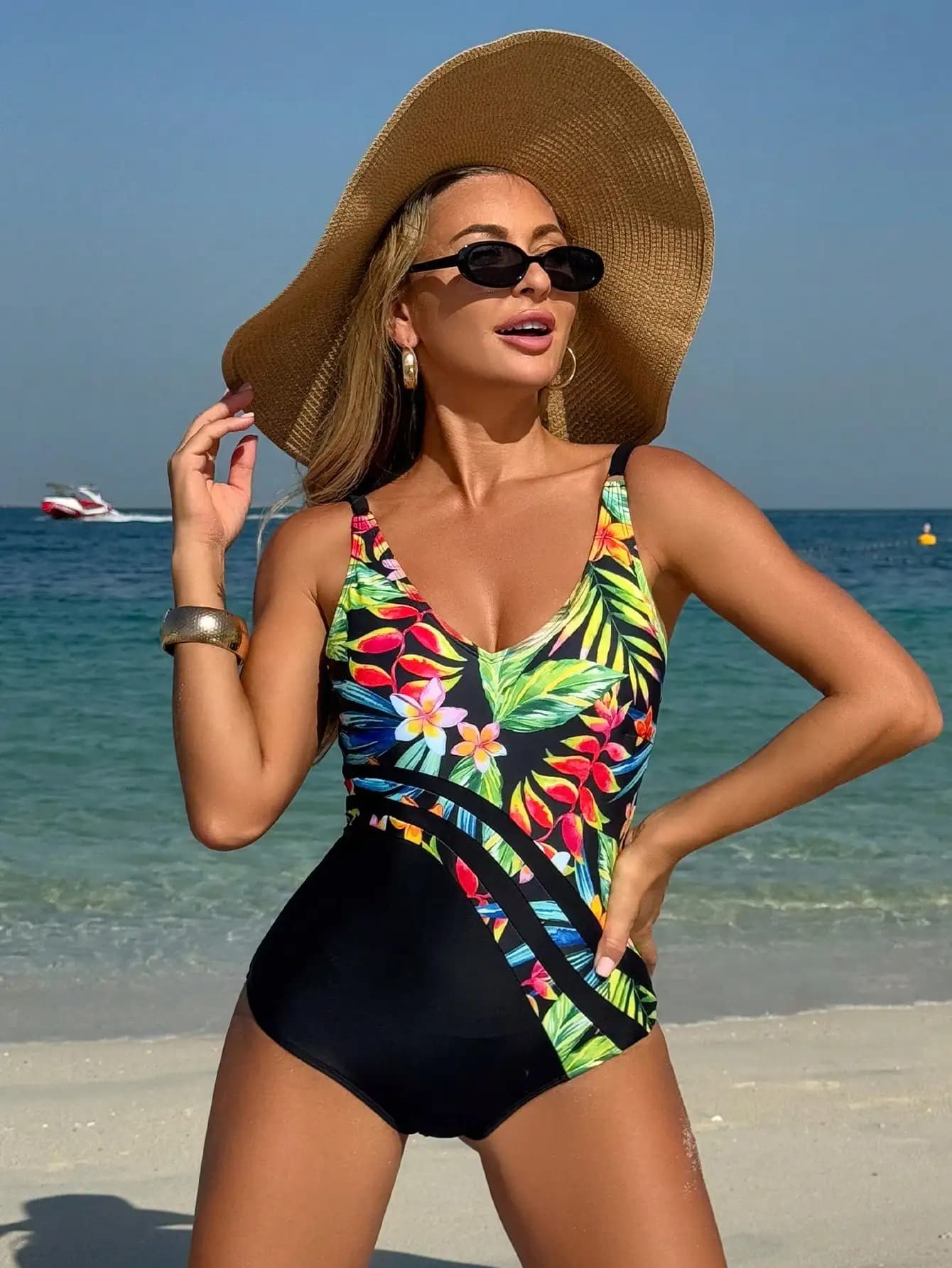 Costume da bagno intero senza schienale in colore floreale a contrasto: spalline larghe, costume da bagno dimagrante elastico