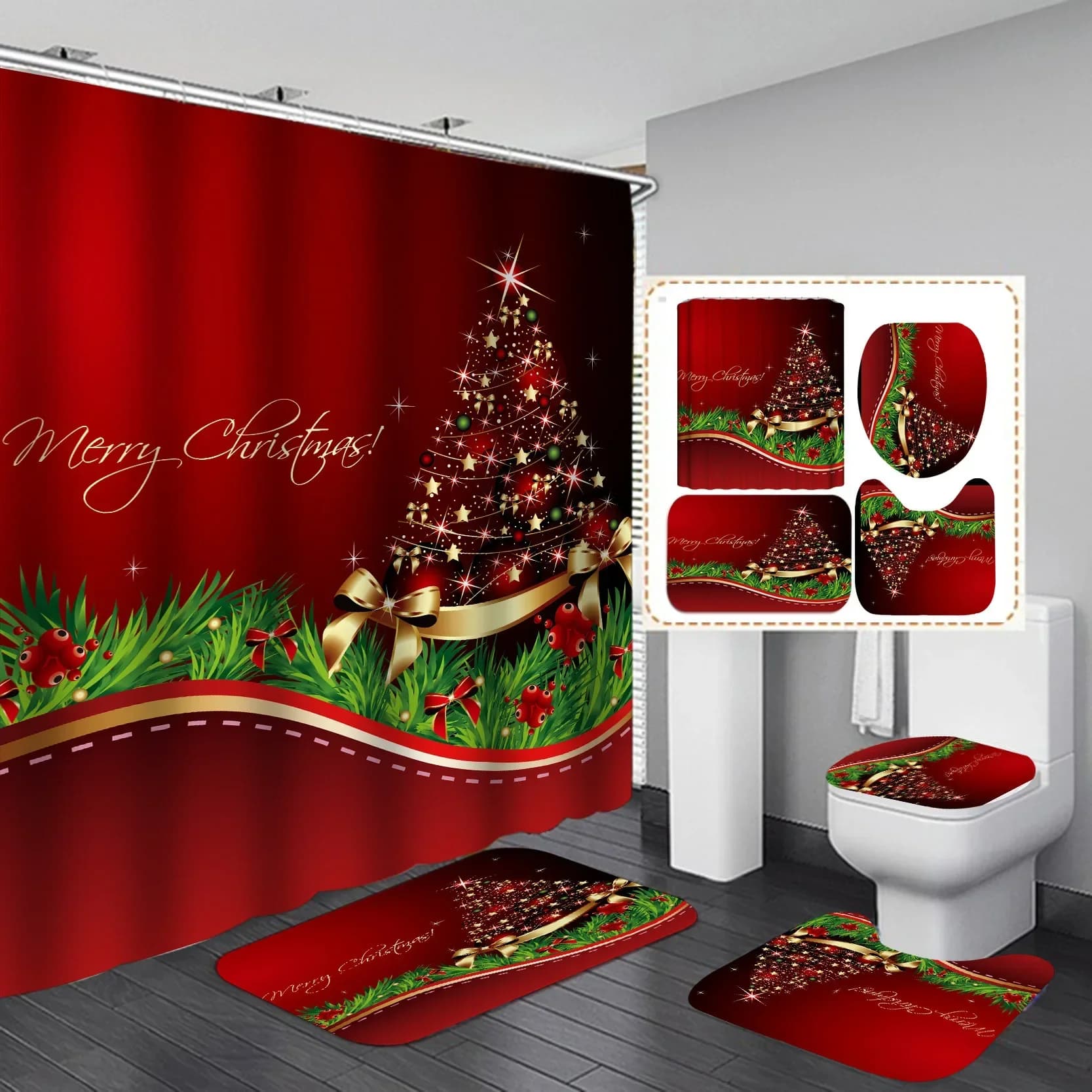 Decorazioni per tende da bagno per la casa di Capodanno con ganci Tende da doccia con pupazzo di neve di Natale Uccello rosso Bacche Coniglio Foresta invernale Fiocco di neve