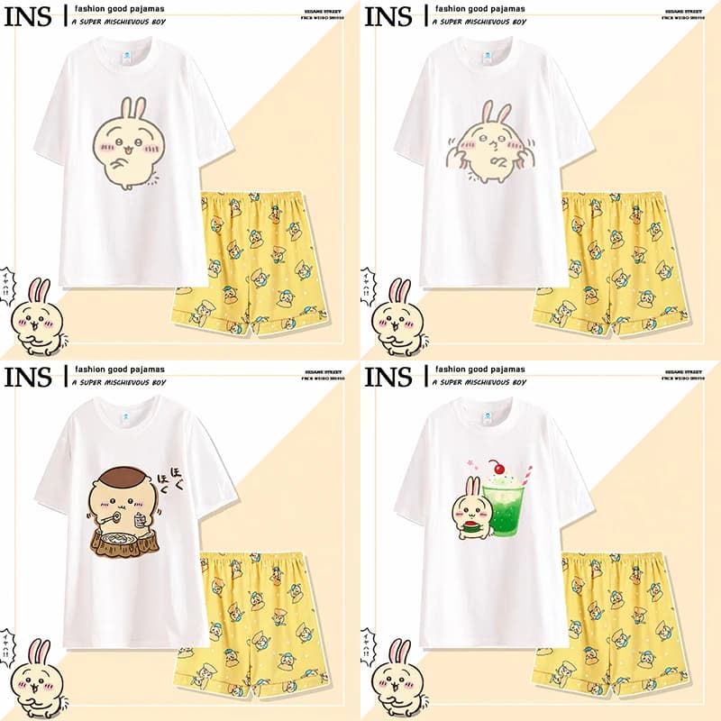 Chiikawa Usagi Anime Pajama Set - Cute Cartoon round Neck Top And Pants Loungewear Soft Homewear for Comfortable Style