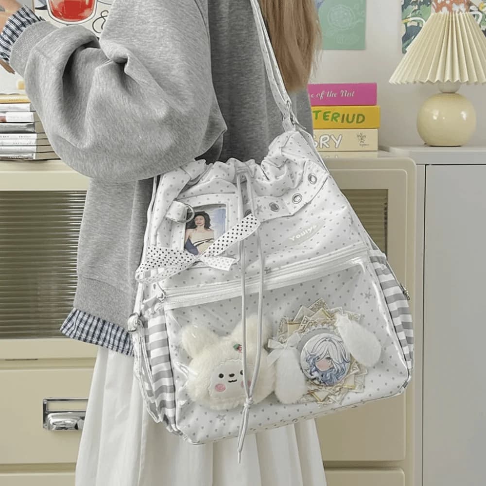 Cute Polka Dot Pattern Ita Backpack Drawstring Clear Pocket Tote Bags Sweet Style Large Capacity Doll Bag Daily Use