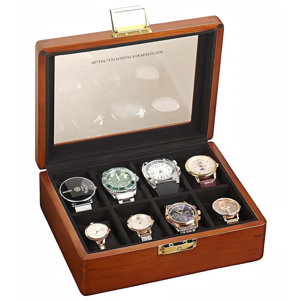 Scatola Porta Orologi, Custodia per Orologi da Uomo e Donna con Coperchio in Vetro Grande, Scatola Espositiva in Legno con 8 Scomparti, in Legno Massello di Noce