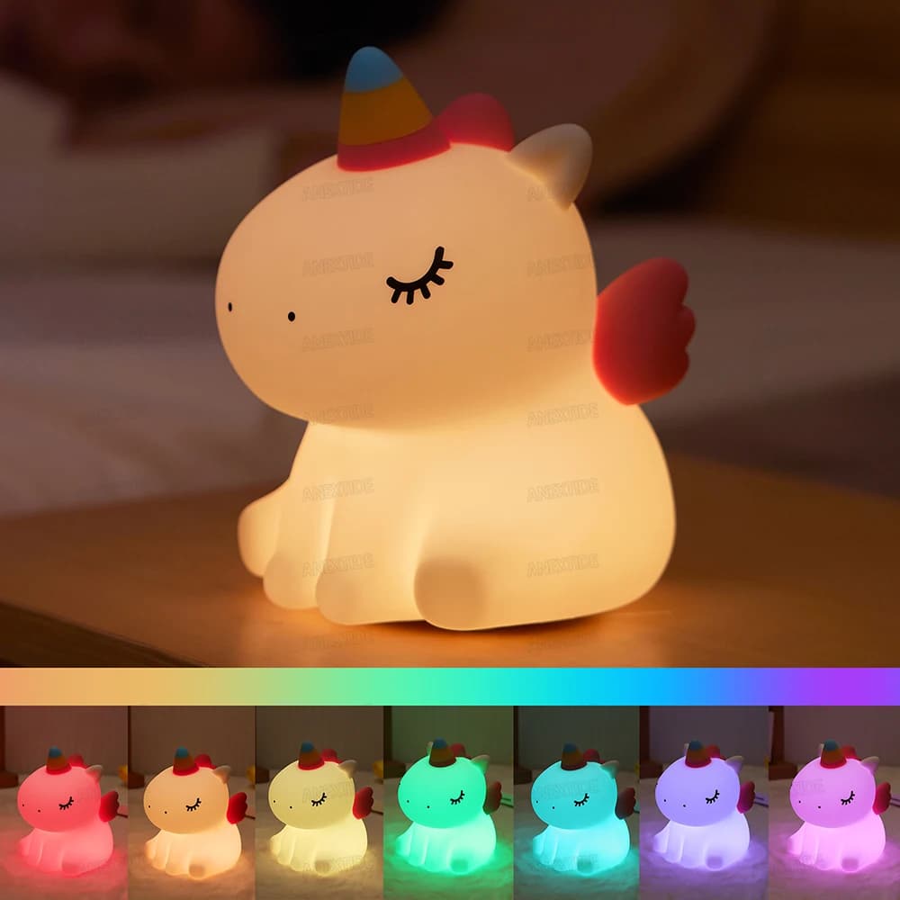 Simpatica luce notturna a forma di unicorno per bambini Luce notturna per asilo nido in silicone Lampada da comodino ricaricabile a LED dimmerabile con unicorno squishy