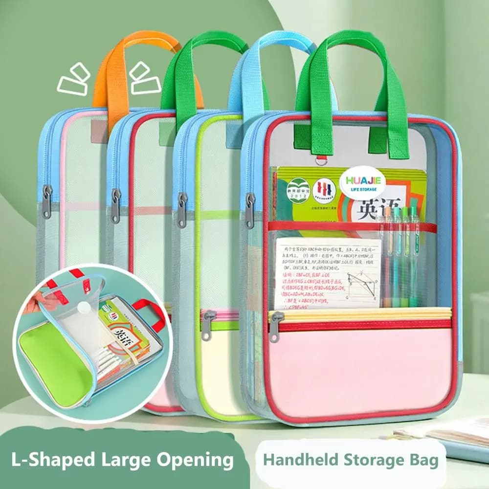 Simple L-shape Large Opening File Bag Transparent Handheld Tutoring Bag Mesh Folder Gift