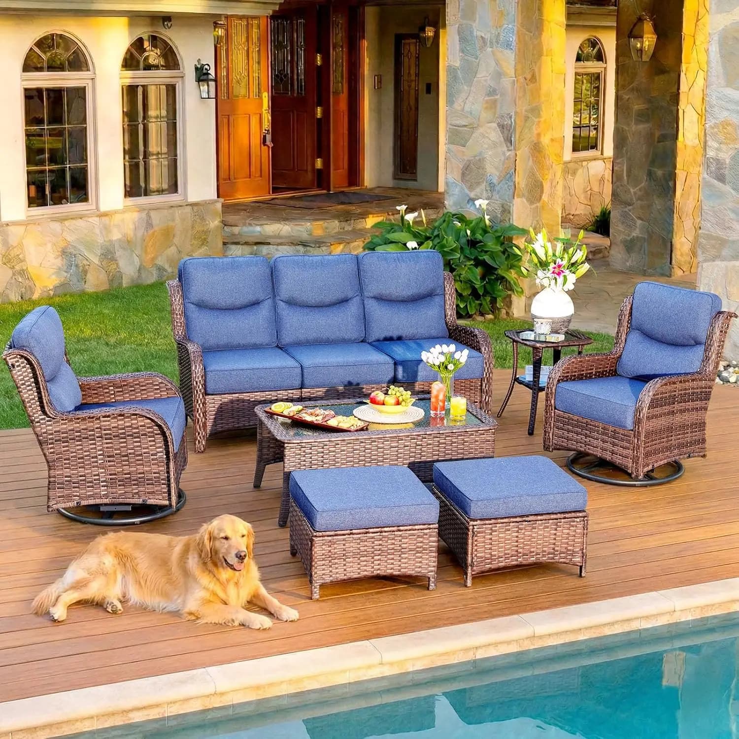Set Conversazione in Vimini per Esterni, Divano con Schienale Alto, Sedie Girevoli a Dondolo, Mobili da Giardino con Cuscini Spessi, Blu, per Terrazza, Cortile, Bordo Piscina