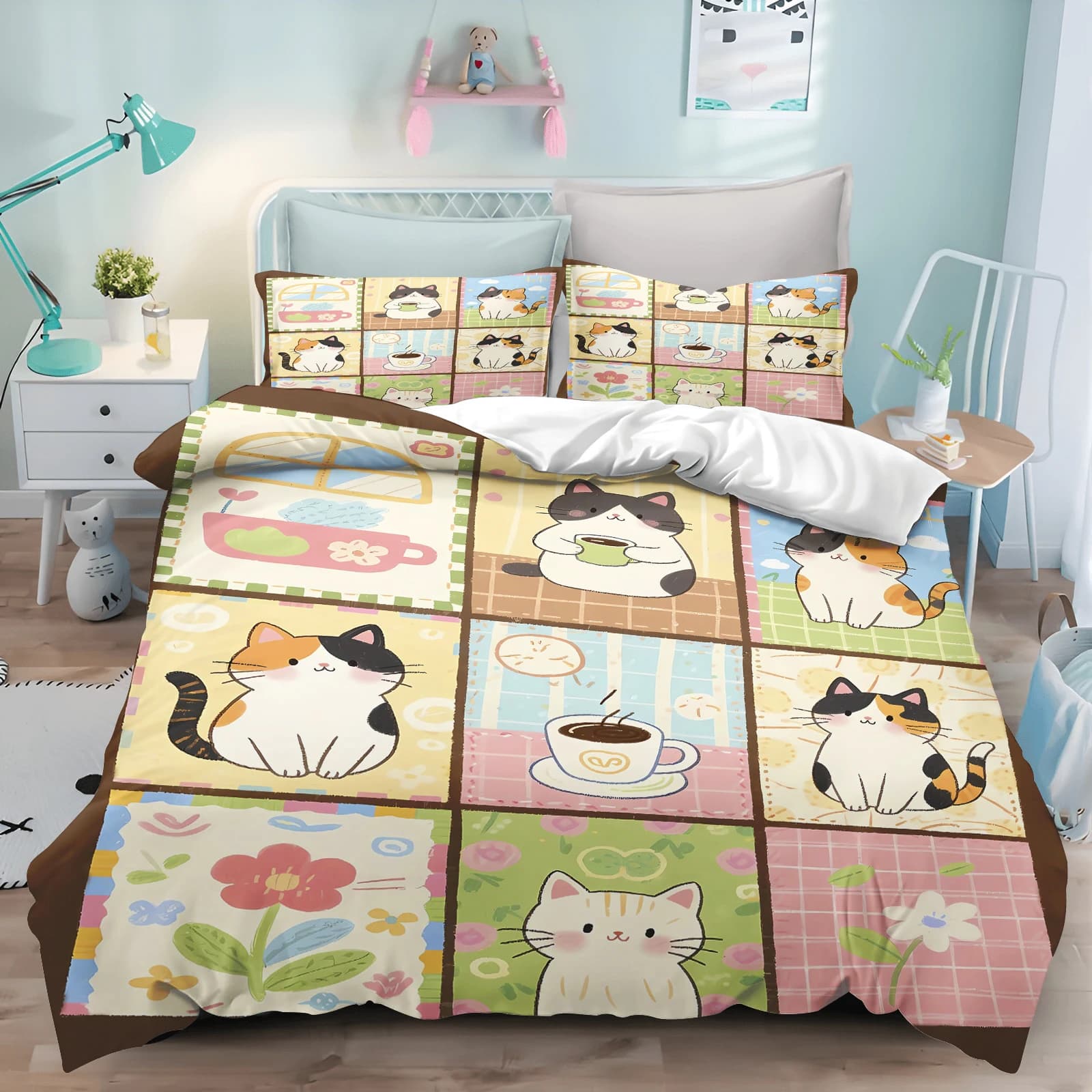 Anime Cat Quilt Cover 3D Printed Cartoon Duvet Comforter 100% Polyester Soft and Comfortable Night Sky Bedding Sheets Sets