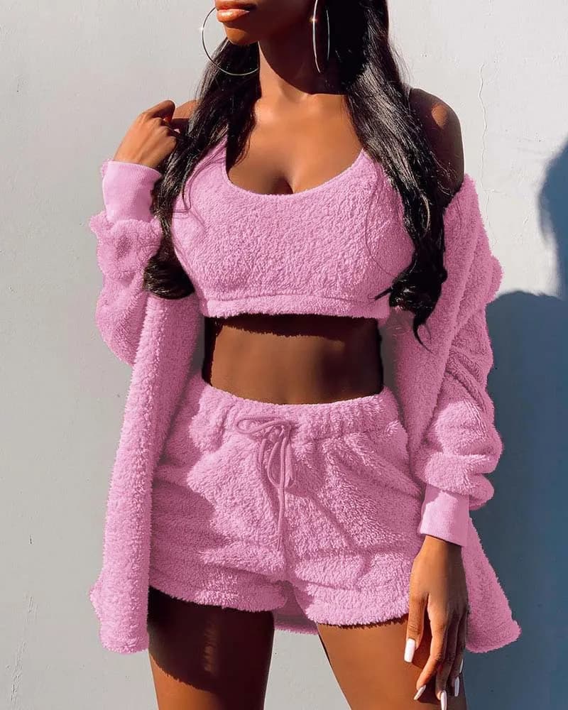 New Spring Women's Velvet Pajamas Set Crop Top+Shorts+Coat 3 Pieces Suit Warm Soft Fleece Homewear Pyjamas Loungewear S-3XL